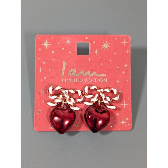 I AM Limited Edition Christmas Earrings Puffy Heart Candy Cane Bow Dangle - Picture 4 of 6